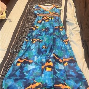 NIKKI POULOS Elegant Blue and Orange Asymmetrical Dress